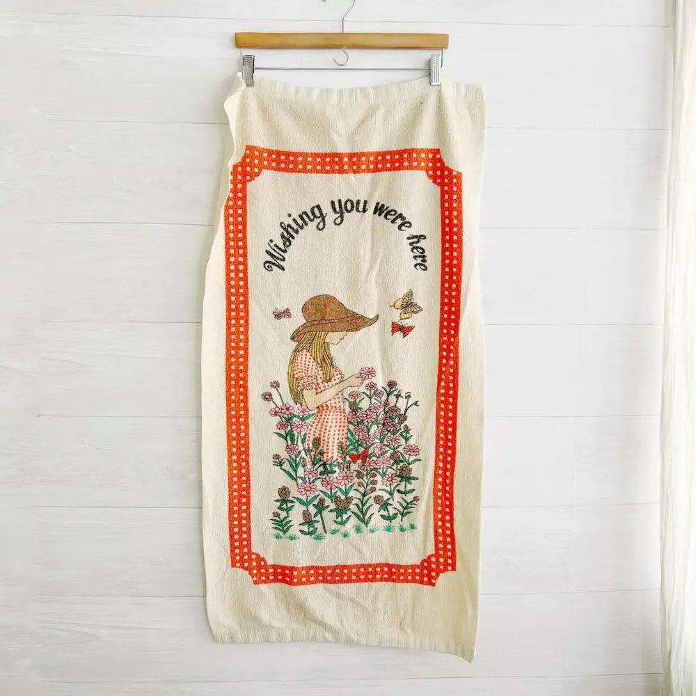 Vintage Towel “Wishing You Were Here” butterfly garden Terry cloth 21” x 41”